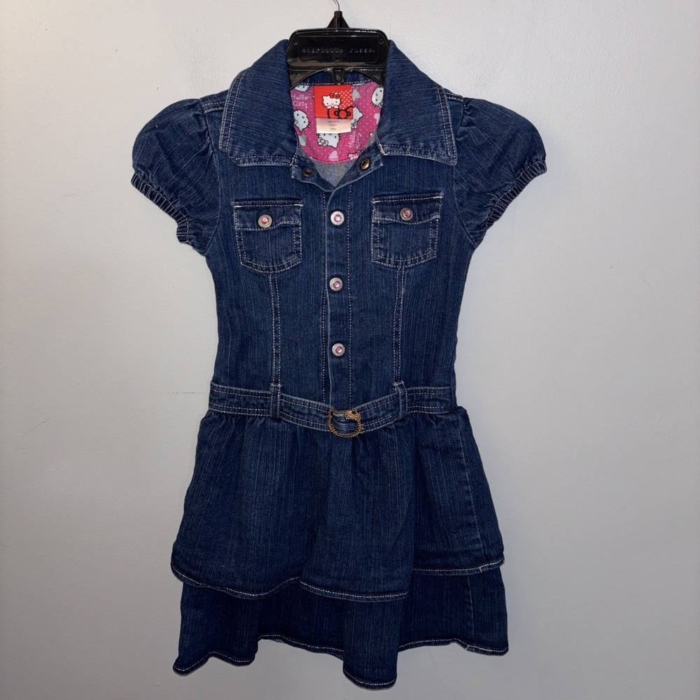 Hello Kitty Girls Jean Denim Dress Size 6 Layers Belt Puff‎ Sleeves Y2K